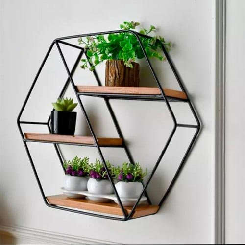Estantería hexagonal de pared con estantes de madera e hierro — MAHUA
