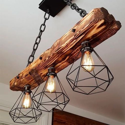 Lámpara colgante de madera con jaulas de hierro — MAHUA